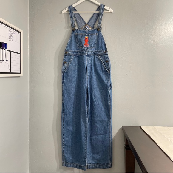 VINTAGE SESAME STREET ELMO DENIM EMBROIDERED OVERALLS JEAN Y2K kidcore blue - Picture 2 of 13